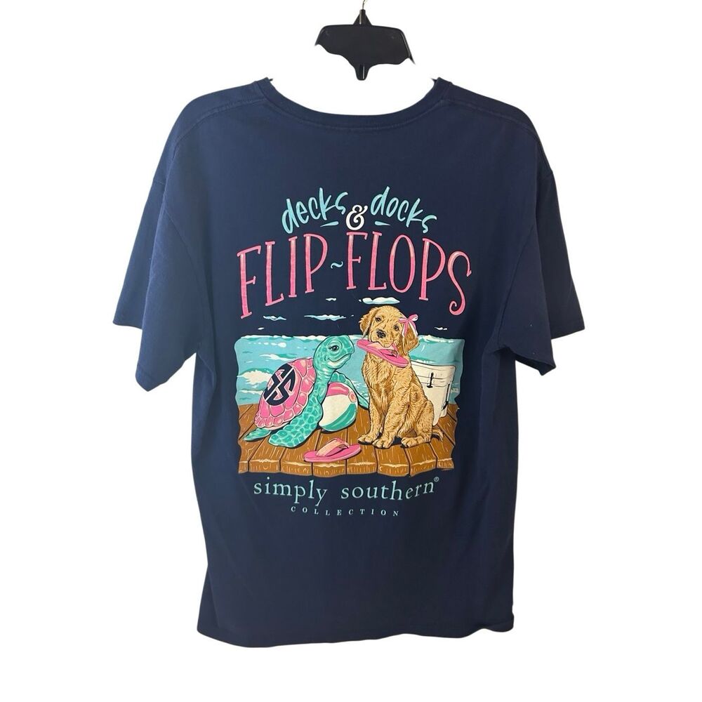 Ss Simply Southern Large L T-shirt flip flops Decks Dock Puppy Turtle Beach Shir - Picture 8 of 8